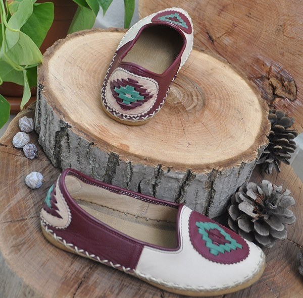 Burgundy Cream Embroidered - Flat Shoes - 4